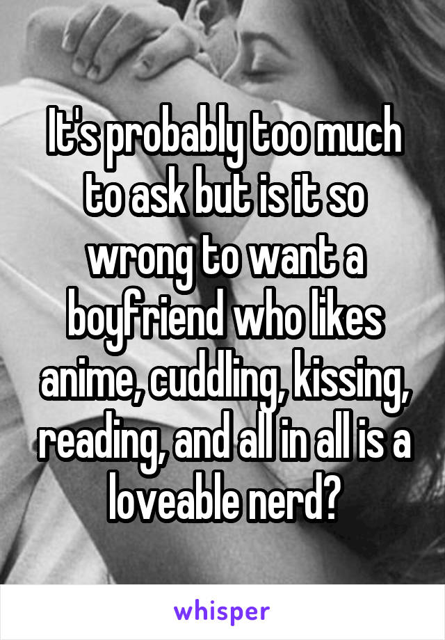 It's probably too much to ask but is it so wrong to want a boyfriend who likes anime, cuddling, kissing, reading, and all in all is a loveable nerd?