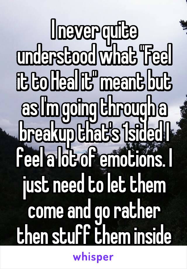 I never quite understood what "Feel it to Heal it" meant but as I'm going through a breakup that's 1sided I feel a lot of emotions. I just need to let them come and go rather then stuff them inside