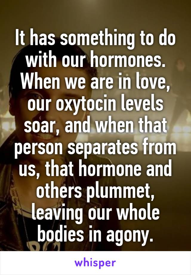 It has something to do with our hormones. When we are in love, our oxytocin levels soar, and when that person separates from us, that hormone and others plummet, leaving our whole bodies in agony.