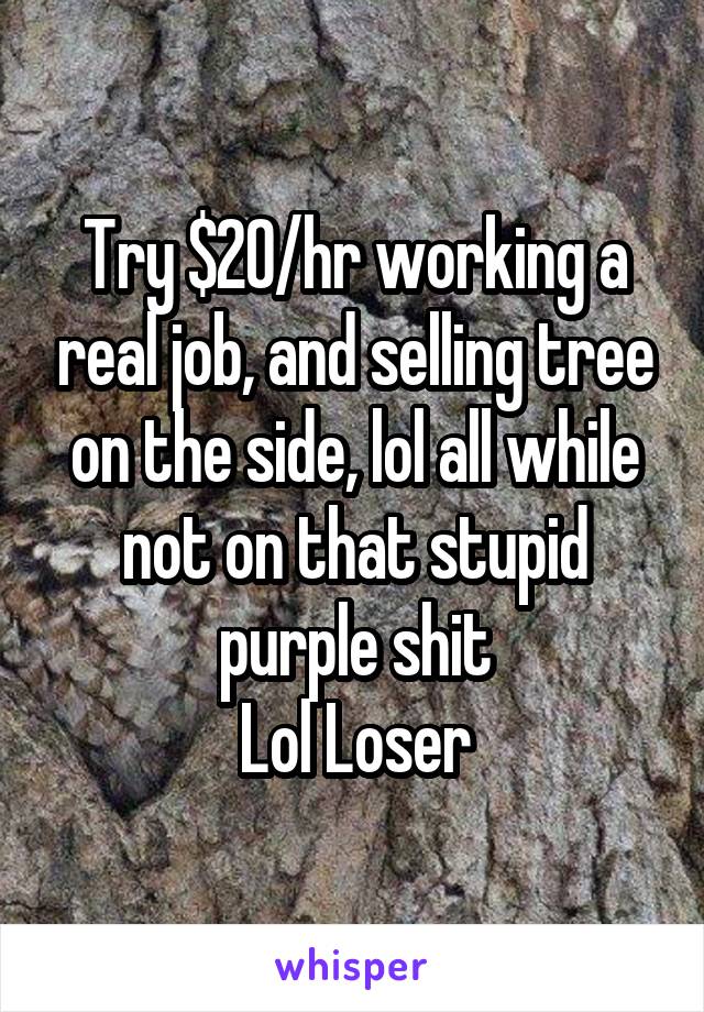 Try $20/hr working a real job, and selling tree on the side, lol all while not on that stupid purple shit
Lol Loser
