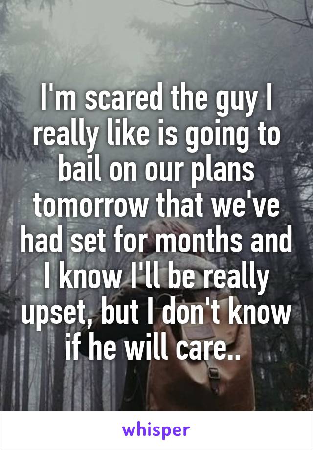 I'm scared the guy I really like is going to bail on our plans tomorrow that we've had set for months and I know I'll be really upset, but I don't know if he will care.. 