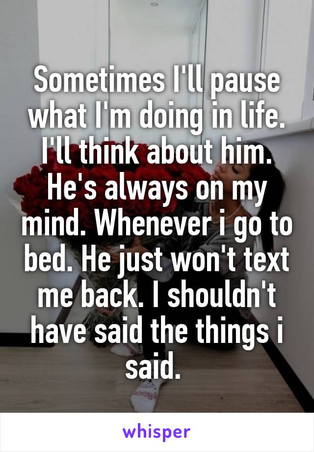 Sometimes I'll pause what I'm doing in life. I'll think about him. He's always on my mind. Whenever i go to bed. He just won't text me back. I shouldn't have said the things i said. 