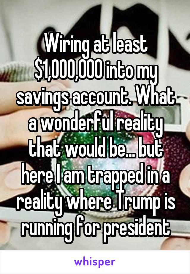 Wiring at least $1,000,000 into my savings account. What a wonderful reality that would be... but here I am trapped in a reality where Trump is running for president