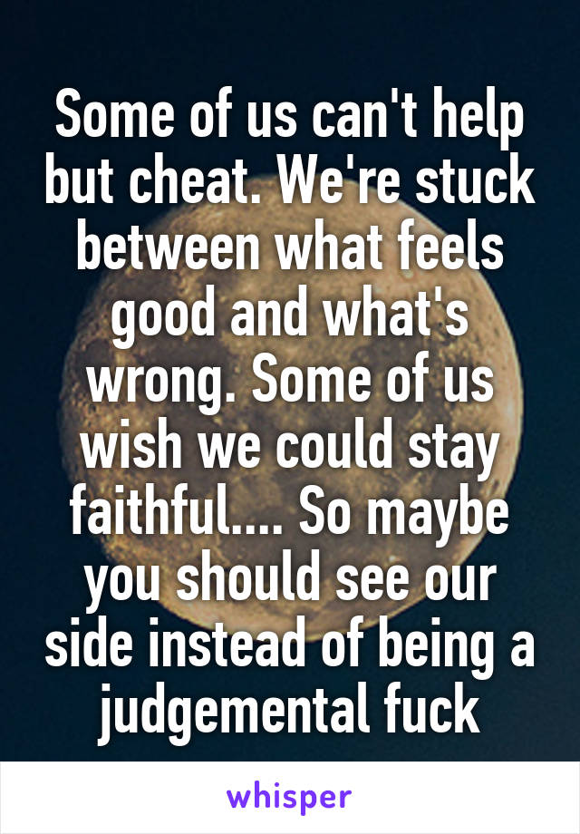 Some of us can't help but cheat. We're stuck between what feels good and what's wrong. Some of us wish we could stay faithful.... So maybe you should see our side instead of being a judgemental fuck