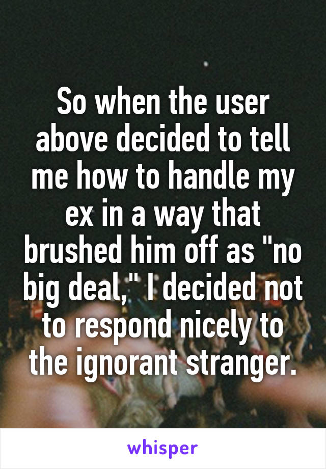 So when the user above decided to tell me how to handle my ex in a way that brushed him off as "no big deal," I decided not to respond nicely to the ignorant stranger.