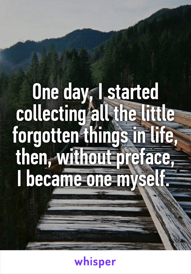 One day, I started collecting all the little forgotten things in life, then, without preface, I became one myself. 