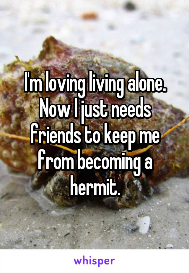 I'm loving living alone. Now I just needs friends to keep me from becoming a hermit.