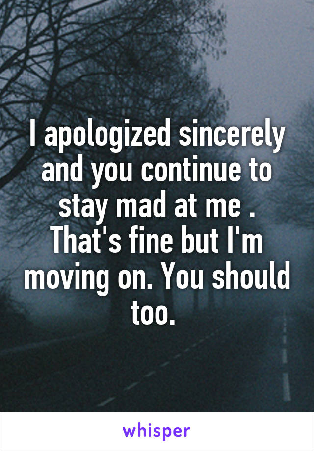 I apologized sincerely and you continue to stay mad at me . That's fine but I'm moving on. You should too. 