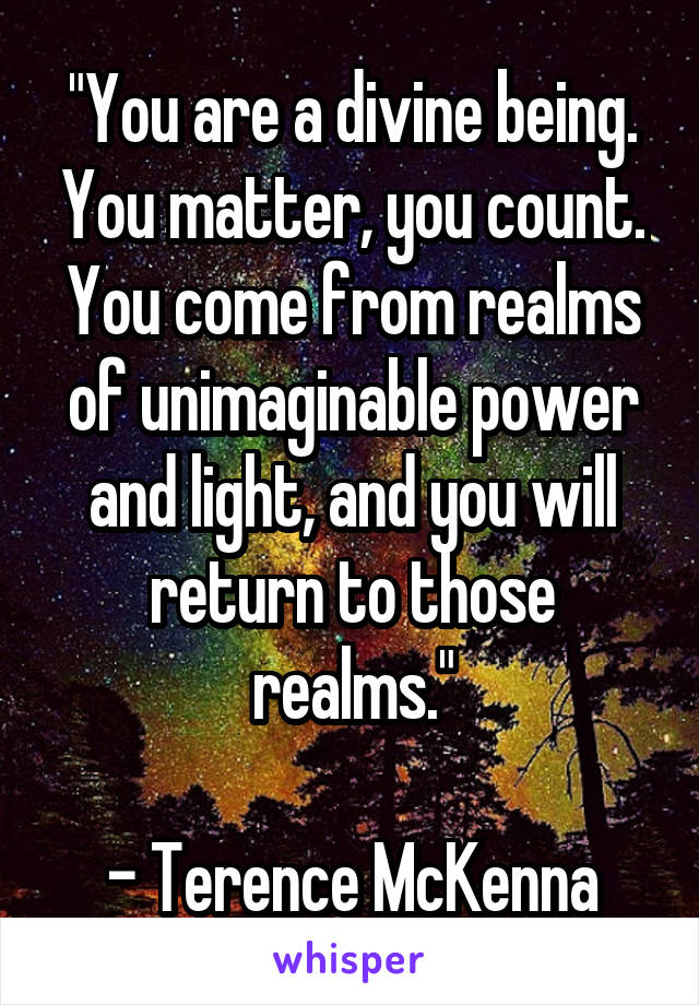 "You are a divine being. You matter, you count. You come from realms of unimaginable power and light, and you will return to those realms."

- Terence McKenna