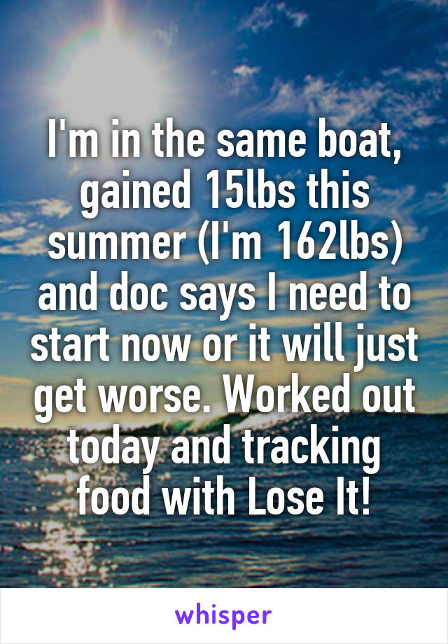 I'm in the same boat, gained 15lbs this summer (I'm 162lbs) and doc says I need to start now or it will just get worse. Worked out today and tracking food with Lose It!