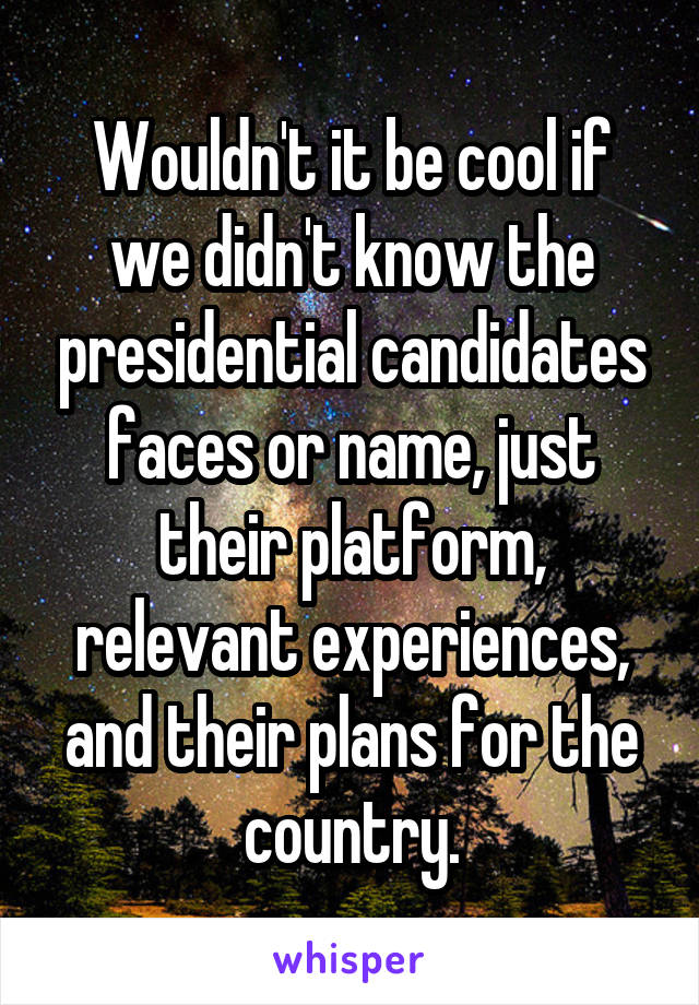 Wouldn't it be cool if we didn't know the presidential candidates faces or name, just their platform, relevant experiences, and their plans for the country.