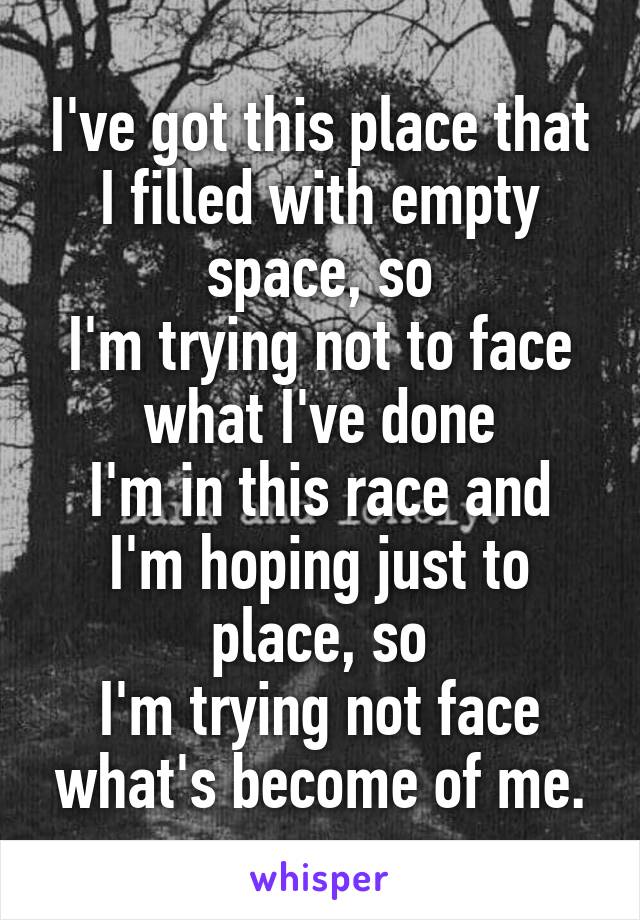 I've got this place that
I filled with empty space, so
I'm trying not to face what I've done
I'm in this race and
I'm hoping just to place, so
I'm trying not face what's become of me.