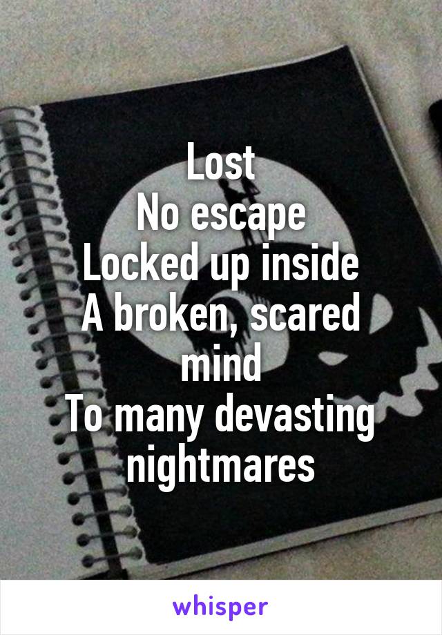 Lost
No escape
Locked up inside
A broken, scared mind
To many devasting nightmares