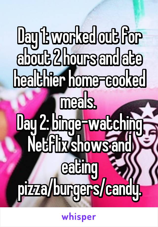 Day 1: worked out for about 2 hours and ate healthier home-cooked meals. 
Day 2: binge-watching Netflix shows and eating pizza/burgers/candy.