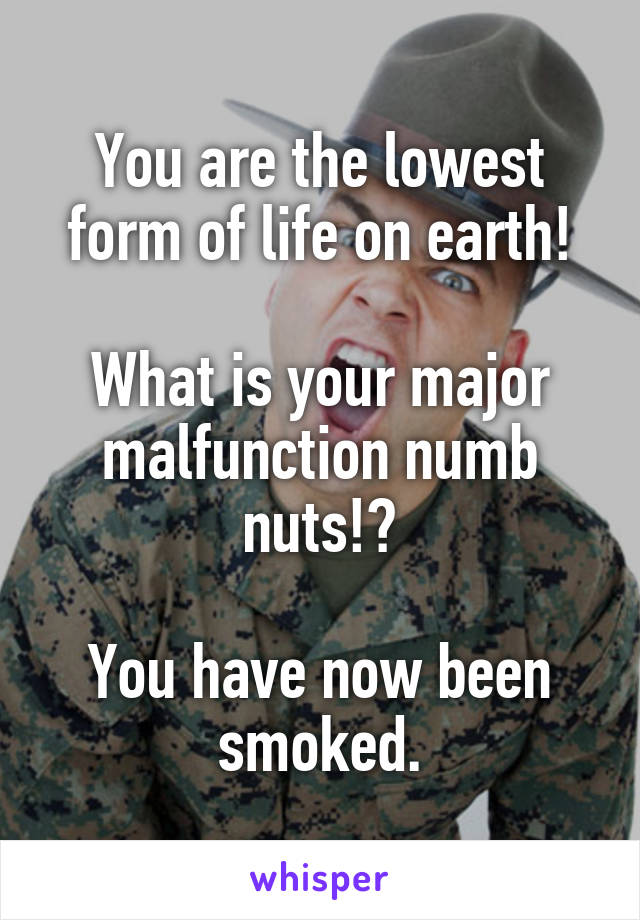 You are the lowest form of life on earth!

What is your major malfunction numb nuts!?

You have now been smoked.