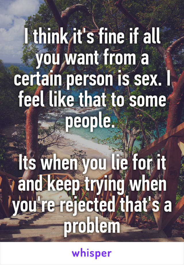 I think it's fine if all you want from a certain person is sex. I feel like that to some people. 

Its when you lie for it and keep trying when you're rejected that's a problem