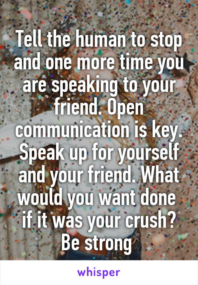 Tell the human to stop and one more time you are speaking to your friend. Open communication is key. Speak up for yourself and your friend. What would you want done  if it was your crush? Be strong 