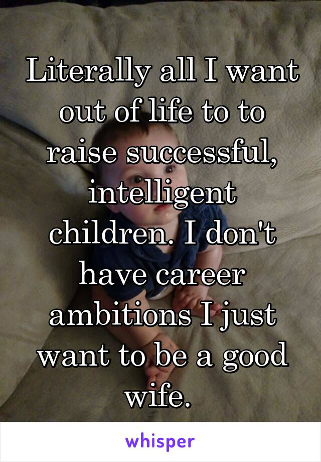 Literally all I want out of life to to raise successful, intelligent children. I don't have career ambitions I just want to be a good wife. 