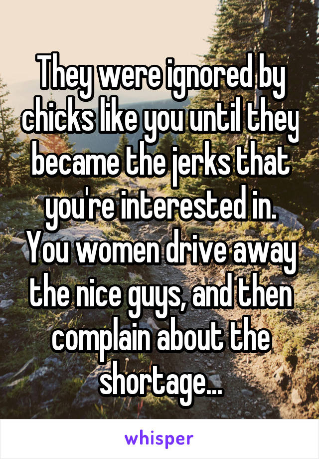 They were ignored by chicks like you until they became the jerks that you're interested in. You women drive away the nice guys, and then complain about the shortage...