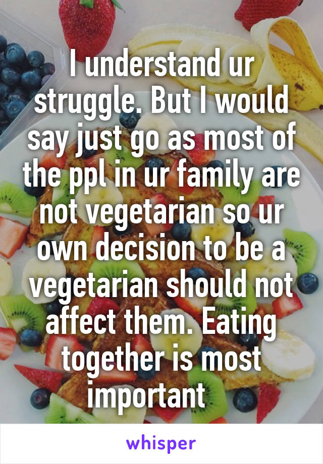 I understand ur struggle. But I would say just go as most of the ppl in ur family are not vegetarian so ur own decision to be a vegetarian should not affect them. Eating together is most important    
