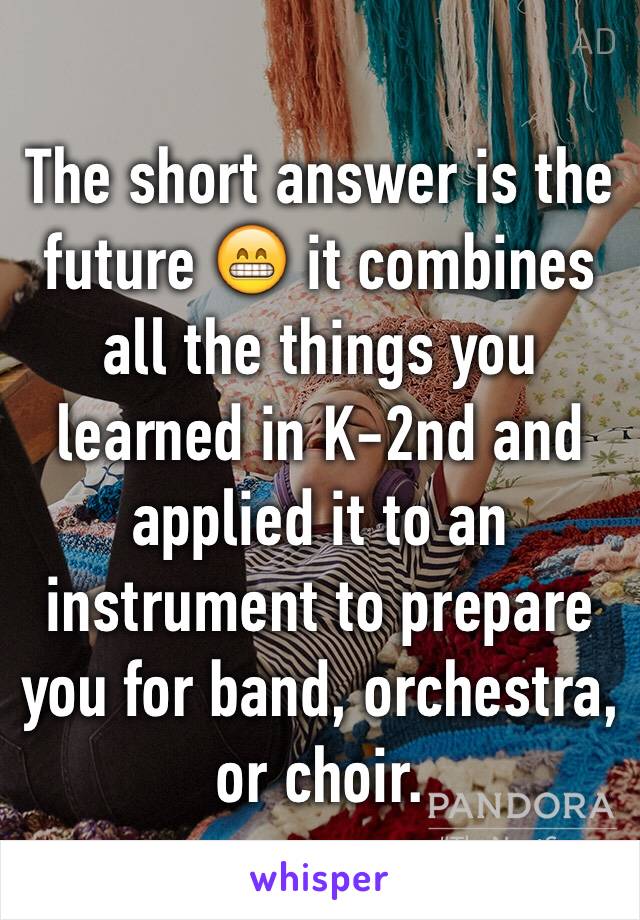 The short answer is the future 😁 it combines all the things you learned in K-2nd and applied it to an instrument to prepare you for band, orchestra, or choir. 