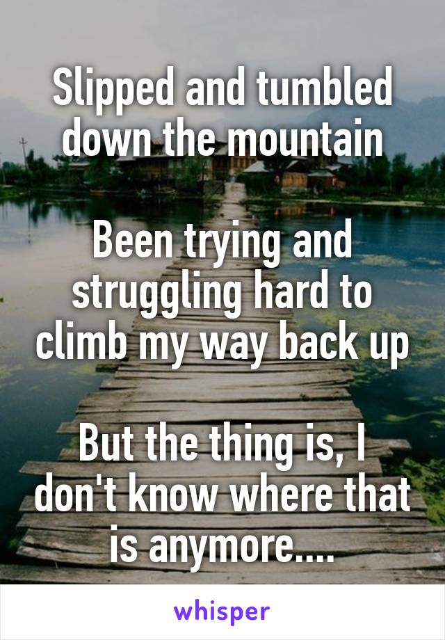 Slipped and tumbled down the mountain

Been trying and struggling hard to climb my way back up

But the thing is, I don't know where that is anymore....