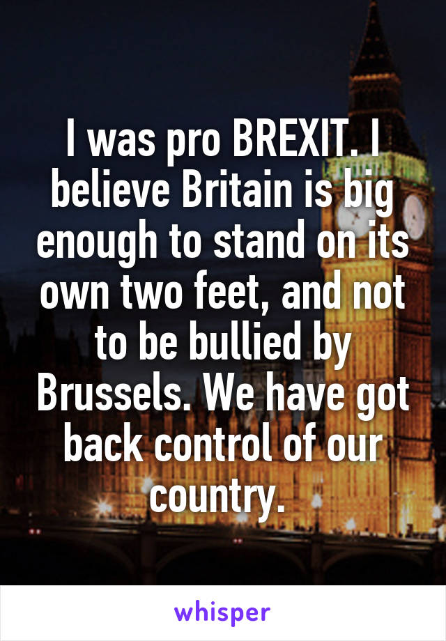 I was pro BREXIT. I believe Britain is big enough to stand on its own two feet, and not to be bullied by Brussels. We have got back control of our country. 