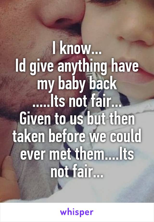 I know...
Id give anything have my baby back
.....Its not fair...
Given to us but then taken before we could ever met them....Its not fair...