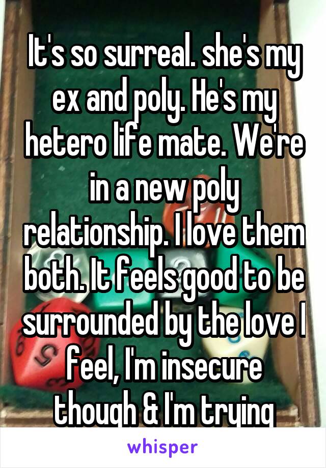 It's so surreal. she's my ex and poly. He's my hetero life mate. We're in a new poly relationship. I love them both. It feels good to be surrounded by the love I feel, I'm insecure though & I'm trying
