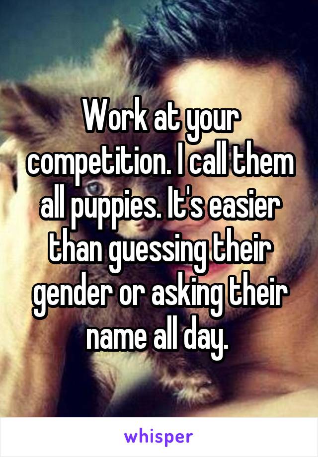 Work at your competition. I call them all puppies. It's easier than guessing their gender or asking their name all day. 