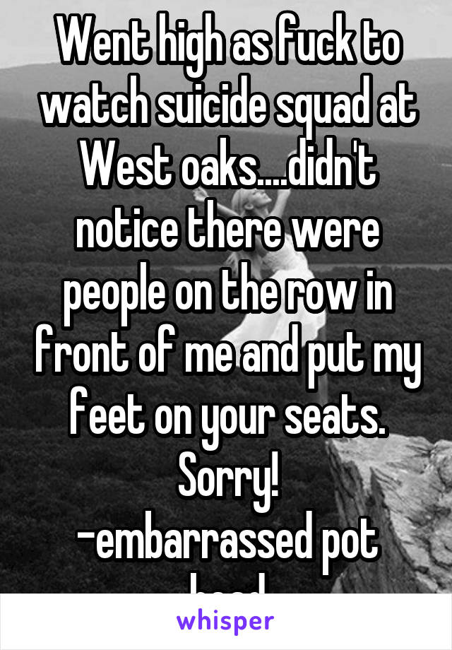 Went high as fuck to watch suicide squad at West oaks....didn't notice there were people on the row in front of me and put my feet on your seats. Sorry!
-embarrassed pot head