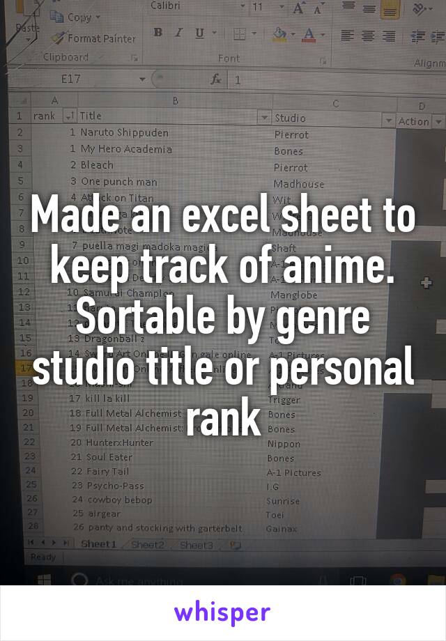 Made an excel sheet to keep track of anime. Sortable by genre studio title or personal rank