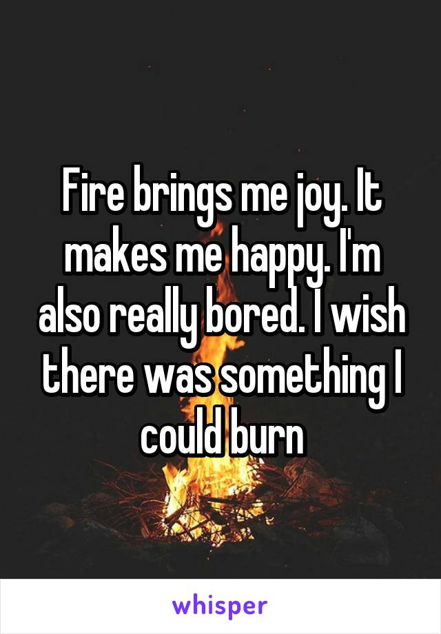 Fire brings me joy. It makes me happy. I'm also really bored. I wish there was something I could burn