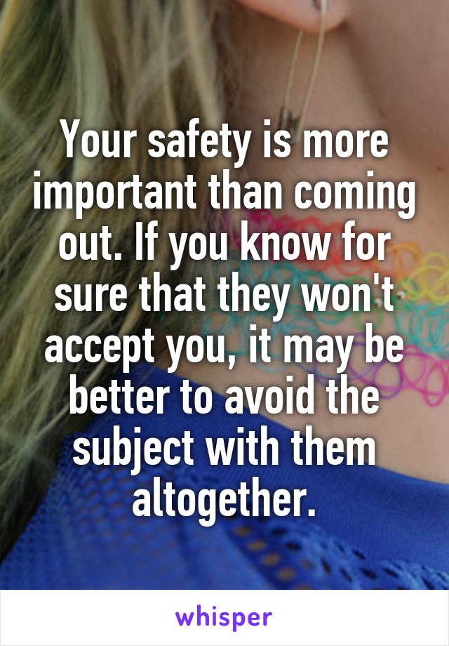 Your safety is more important than coming out. If you know for sure that they won't accept you, it may be better to avoid the subject with them altogether.
