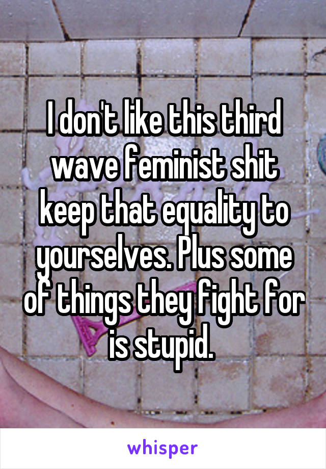 I don't like this third wave feminist shit keep that equality to yourselves. Plus some of things they fight for is stupid. 