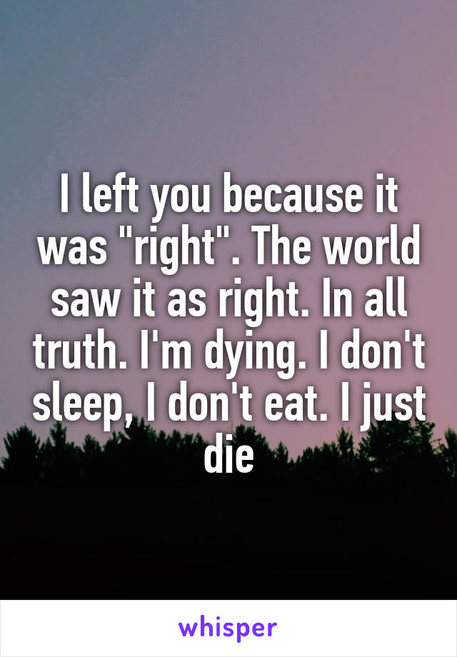 I left you because it was "right". The world saw it as right. In all truth. I'm dying. I don't sleep, I don't eat. I just die
