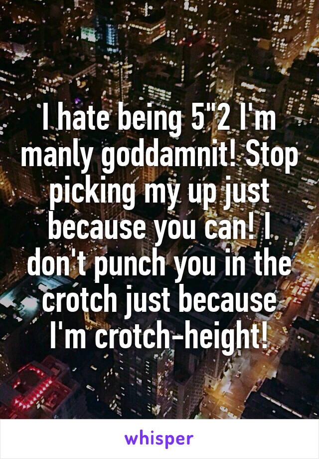 I hate being 5"2 I'm manly goddamnit! Stop picking my up just because you can! I don't punch you in the crotch just because I'm crotch-height!