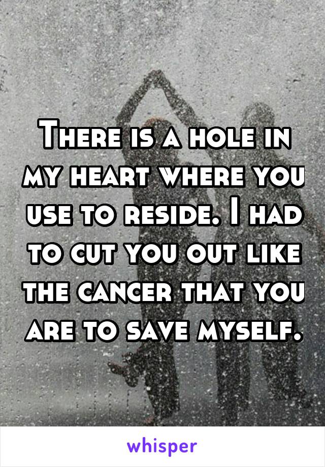 There is a hole in my heart where you use to reside. I had to cut you out like the cancer that you are to save myself.