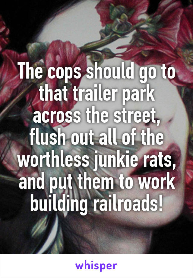 The cops should go to that trailer park across the street, flush out all of the worthless junkie rats, and put them to work building railroads!
