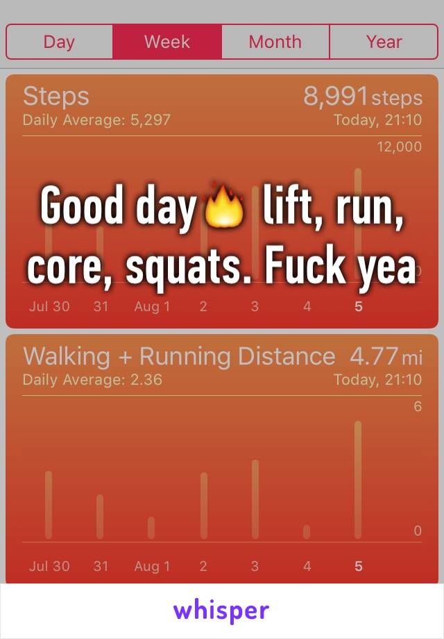 Good day🔥 lift, run, core, squats. Fuck yea