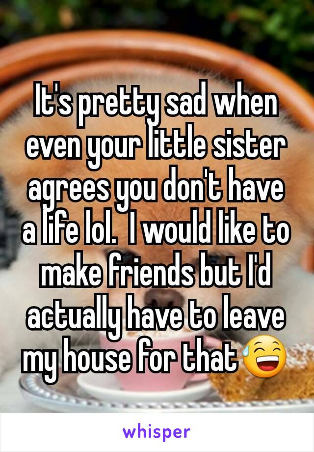 It's pretty sad when even your little sister agrees you don't have a life lol.  I would like to make friends but I'd actually have to leave my house for that😅