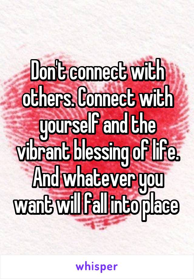 Don't connect with others. Connect with yourself and the vibrant blessing of life. And whatever you want will fall into place 