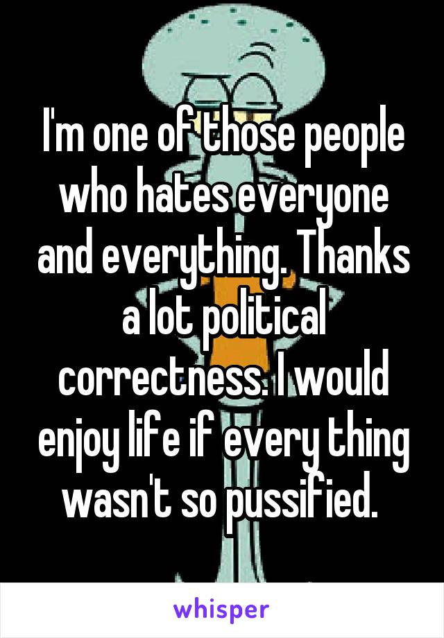I'm one of those people who hates everyone and everything. Thanks a lot political correctness. I would enjoy life if every thing wasn't so pussified. 