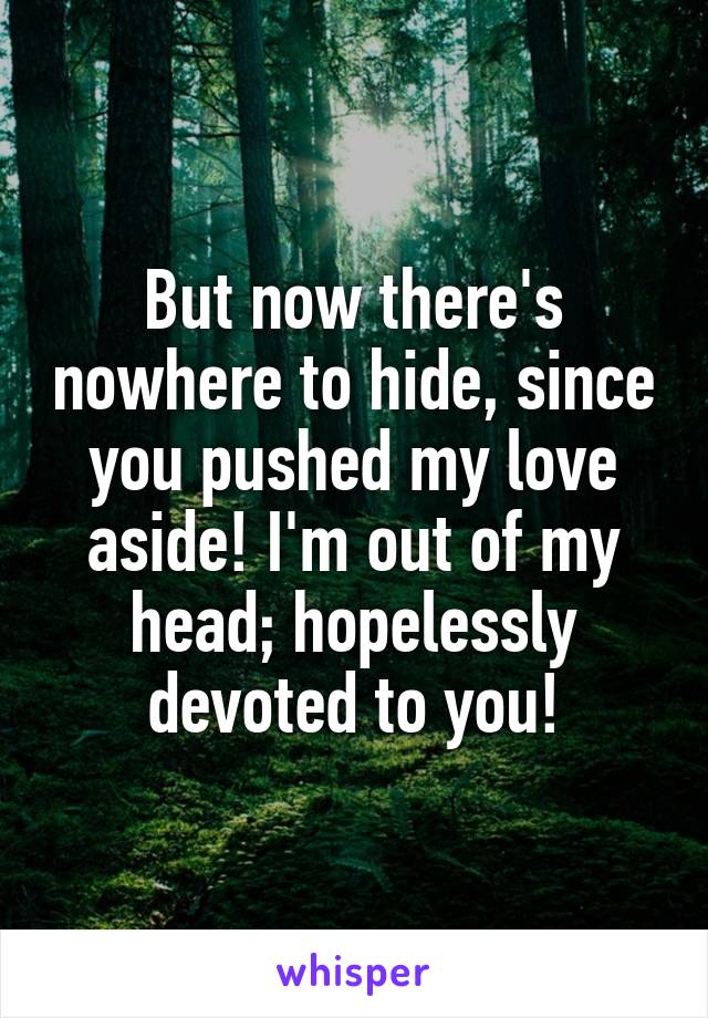 But now there's nowhere to hide, since you pushed my love aside! I'm out of my head; hopelessly devoted to you!