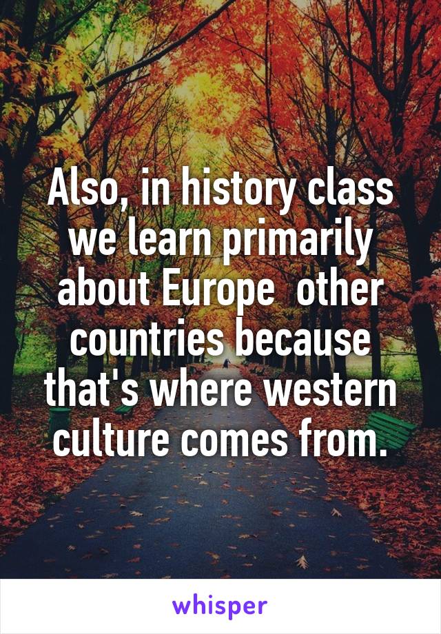 Also, in history class we learn primarily about Europe  other countries because that's where western culture comes from.