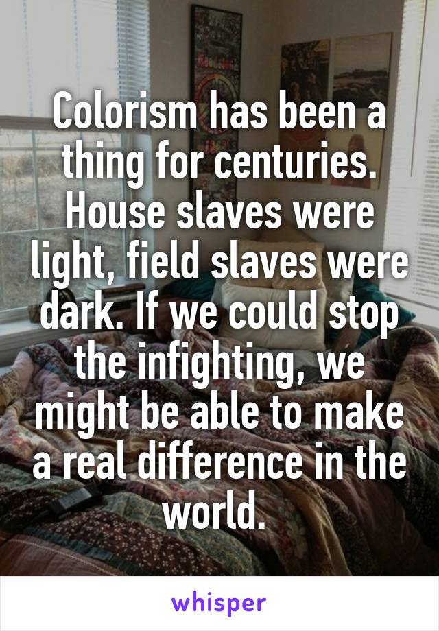 Colorism has been a thing for centuries. House slaves were light, field slaves were dark. If we could stop the infighting, we might be able to make a real difference in the world. 