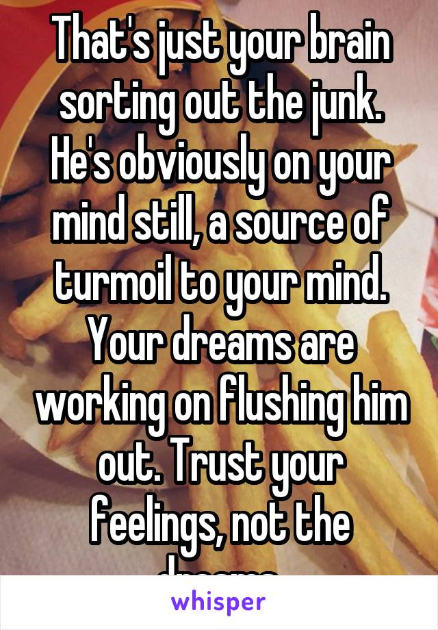 That's just your brain sorting out the junk. He's obviously on your mind still, a source of turmoil to your mind. Your dreams are working on flushing him out. Trust your feelings, not the dreams.