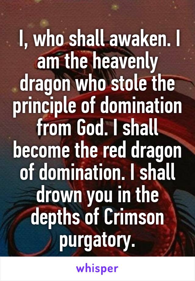 Funni reference )I who shall awaken I am the heavenly dragon who stole  the principle of domination from god I mock the infinite and fret over  the dream I SHALL BECOME THE