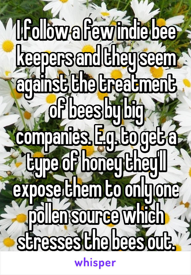 I follow a few indie bee keepers and they seem against the treatment of bees by big companies. E.g. to get a type of honey they'll expose them to only one pollen source which stresses the bees out.