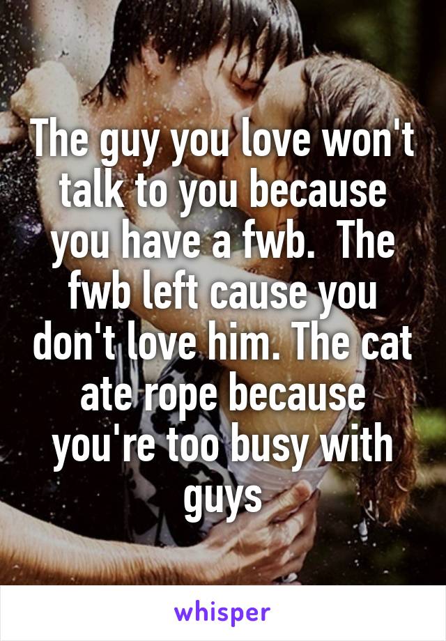 The guy you love won't talk to you because you have a fwb.  The fwb left cause you don't love him. The cat ate rope because you're too busy with guys